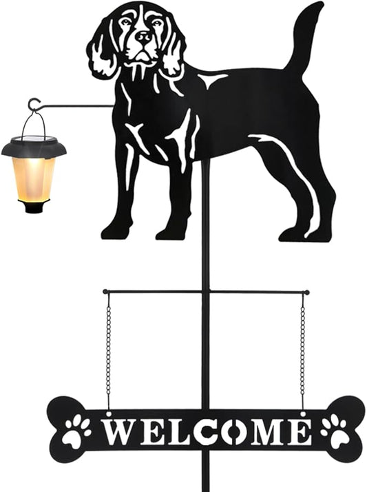 BAYN Solar Beagle Silhouette Dog Breed Welcome Sign with a Lantern Outdoor Decorative Garden Stakes for Yard, Lawn, Patio, Pathway