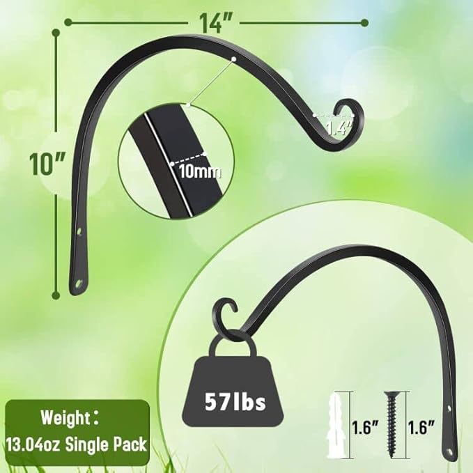 FEED GARDEN 2 Pack 14 Inch Hanging Plant Bracket Wall Hooks Decorative Plant Hangers for Outdoor Hanging Bird Feeders, Wind Chimes, Plant Baskets, Black
