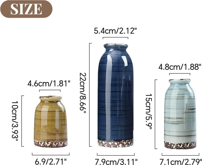 Ceramic Vase Set of 3, Farmhouse Decorative Vase for Pampas Grass, Living Room, Bathroom,Bookshelf, Centerpieces (Blue/Navy Blue/Yellow)