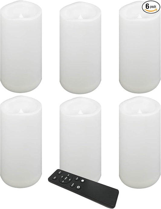 CANDLE CHOICE Waterproof Outdoor Battery Operated Flameless Candles Remote Timer White Plastic Realistic Flickering Fake Electric LED Pillars Lantern Garden Wedding Christmas Decorations 3”x6” 6 Pack