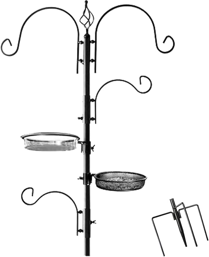 Ashman Deluxe Bird Feeding Station (4 Pack) Bird Feeders for Outside - Multi Feeder Pole Stand Kit with 4 Hangers, Bird Bath and 3 Prong Base for Attracting Wild Birds - 22 Inch Wide x 92 Inch Tall.