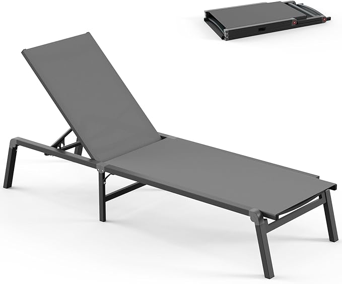 Chaise Lounge Outdoor, Foldable Aluminum Pool Lounge Chairs with 5 Positions Recliner - Free Assembly - Patio Chaise Lounge Chair for Poolside, Beach, Yard (Darkgray)