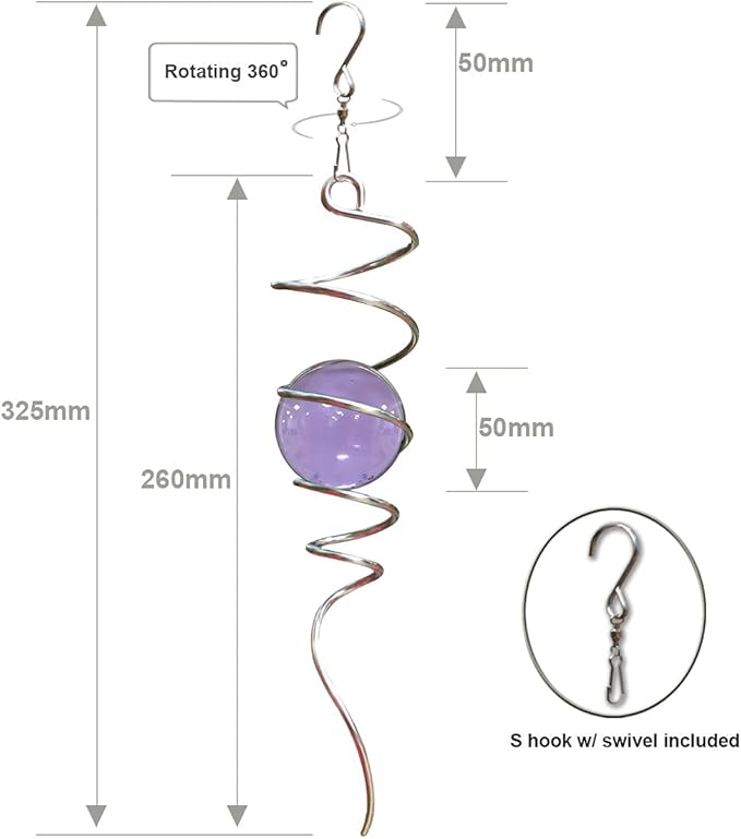 Fonmy Purple Gazing Ball Spiral Tail Wind Spinner Stabilizer with Swivel Hook 11inch Stainless Steel Tail and 2 inch Purple Glass Orb. Indoor Outdoor Garden Decoration Hanging Ornaments