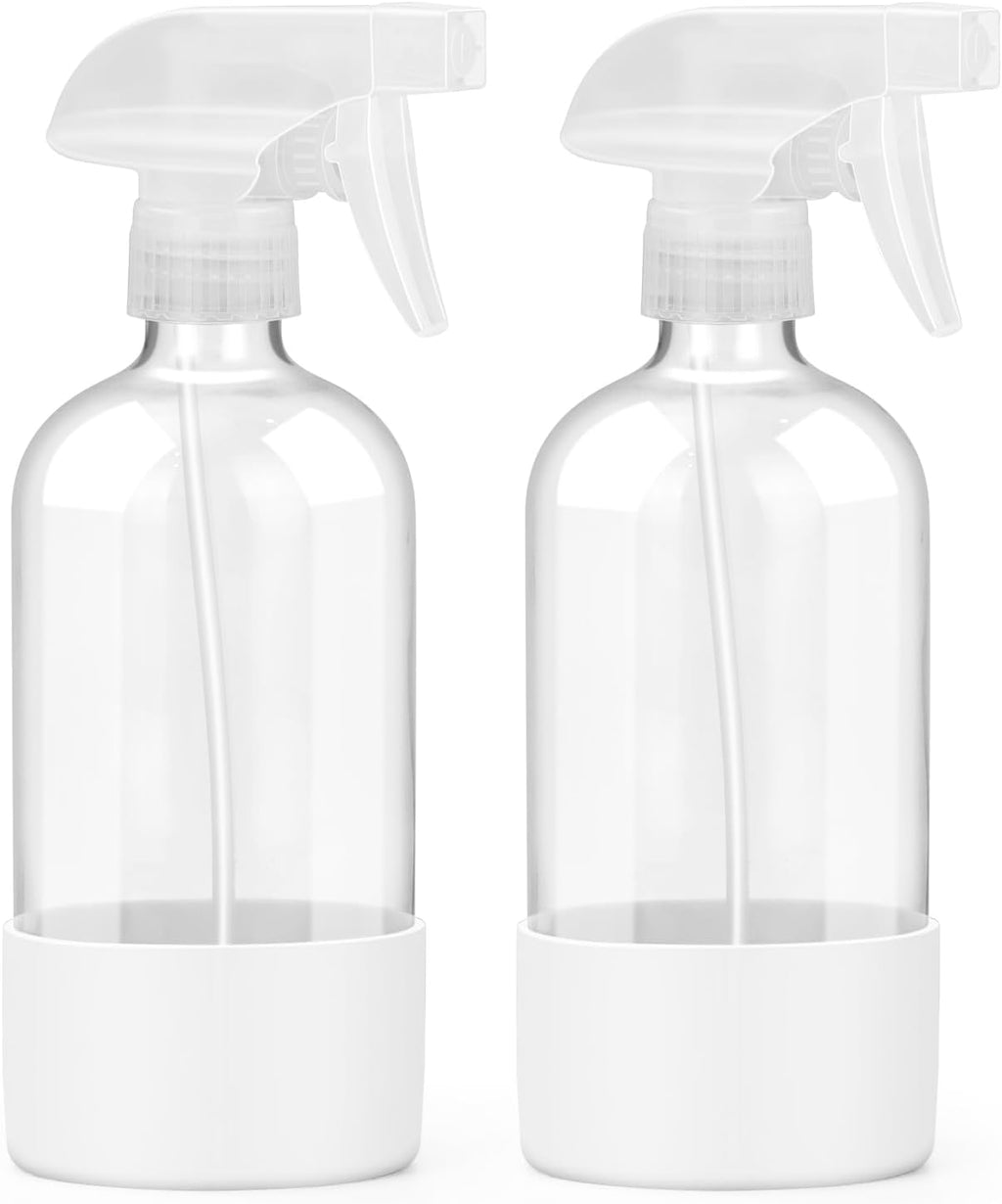 2 Pack Glass Spray Bottles with Silicone Sleeve, 16 oz Empty Refillable Containers with Adjustable Spray Nozzles, Spray Bottles for Hair, Cleaning Solutions and Plants White