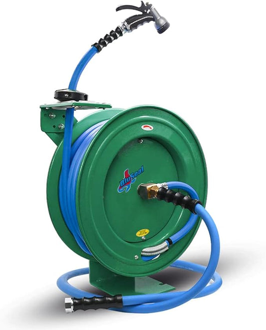 Auto Retractable Water Hose Reel with Hot & Cold Water Rubber Garden Hose, Spray Nozzle - Ultra Light, Super Strong with 6' Lead-in Hose (3/4” x 50’ Green)
