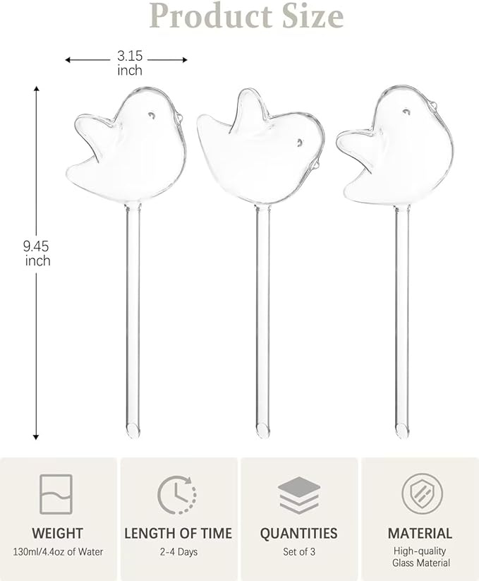 DN DECONATION 3 Pcs Bird Shaped Watering Globes, Birdlike Clear Glass Watering Bulbs, Watering Bulbs for Indoor Plants & Outdoor, Automatic Plant Watering System to Support Plant Health, Decor