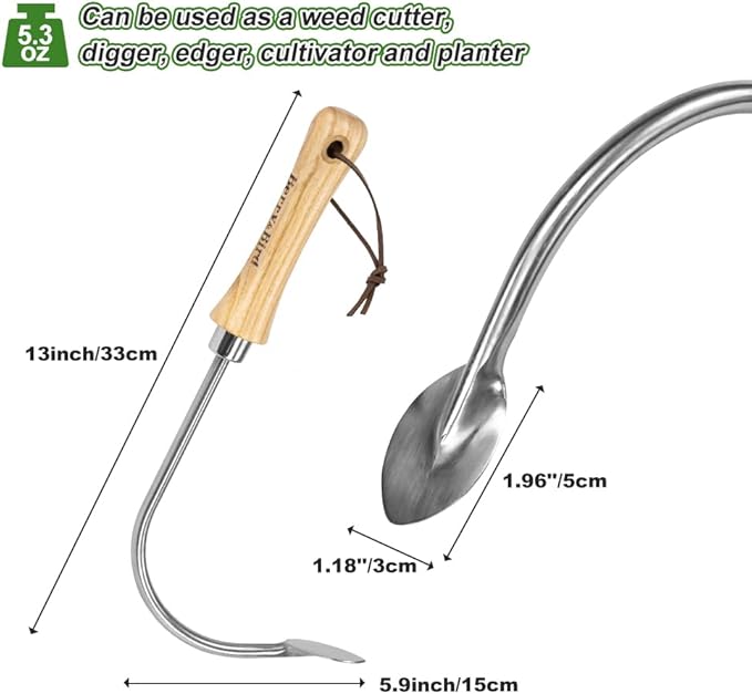 Berry&Bird Weed Puller Tool, Crack Weeder Cultivator Garden Hand Tools, Durable Curved Head Hook & Wooden Handle, Garden Digging, Edging, Planting Remover Tool for Patio Lawn Yard Moss Terrace Paving