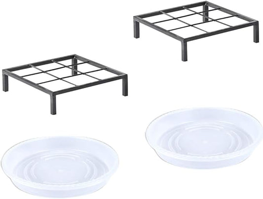 9.8" Metal Heavy Duty Potted Plant Stand Flower Pot Holder with Saucer Indoor Outdoor Rustproof Iron Garden Container Square Supports Rack for Planter ,2 Pack(iron color )