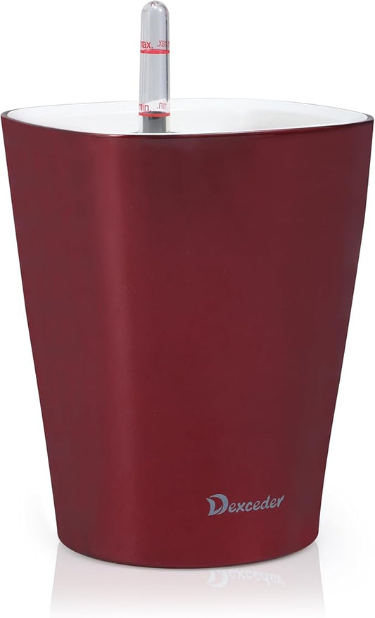 Dexceder 6x7 Self Watering Planter Indoor Outdoor, High Gloss Table Flower Plant Pot with Water Level Indicator (Wine Red)