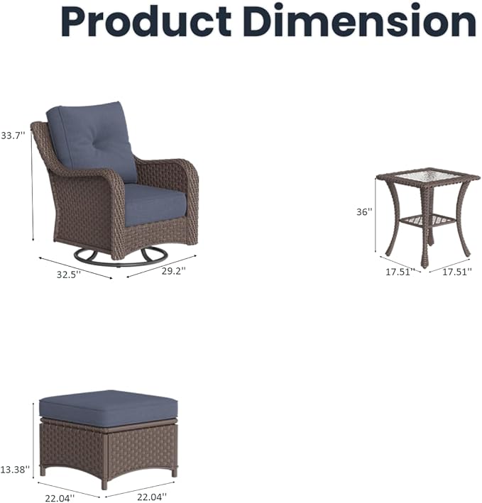 5 Pieces Outdoor Patio Furniture Sets with Rocking Swivel Chairs with 6-inch Thick Cushion and Side Table for Deck Lawn