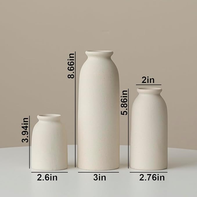 Ceramic Vase Set-3, Small Flower Vases for Decor, Modern Boho Farmhouse Style, Decorative Vases for Pampas Grass & Dried Flowers, Distressed Finish (Beige)