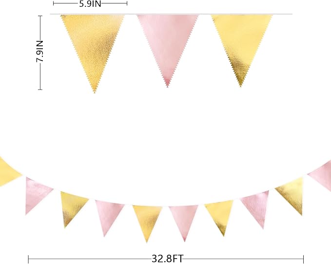 Pink Gold Party Decoration Metallic Fabric Light Pink Gold Triangle Pennant Banner Flag Bunting Garland for Women Girl Birthday Retirement Graduations Bridal Shower Wedding Baby Shower Party Supplies