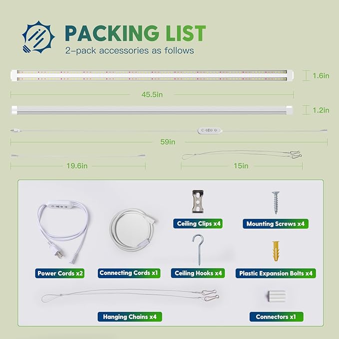 FREELICHT 2 Pack 4FT LED Grow Light with Timer, 40W (250W Equivalent), Full Spectrum Grow Lights for Indoor Plants with 9/12/15H Timer, Linkable Plant Growing Lamp for Hydroponic Plants Seeding Veg