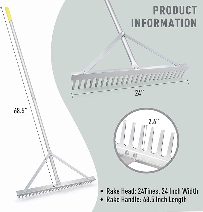 Colwelt Landscape Rake - 24Tines, Aluminum Head with 68" Handle, 24" Width for Beach & Lawn Care
