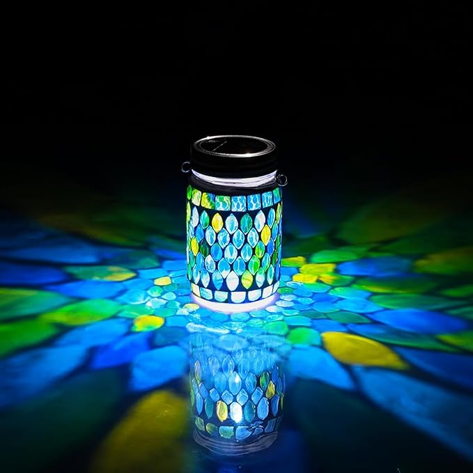 Cooo 2 Pack Mosaic Solar Lanterns Outdoor Waterproof Jar Lights Solar Powered, Hand Paste 141 Crystal Mosaics Table Hanging Garden Backyard Decor Lamps （Just Little More, Get Double The Delight ）