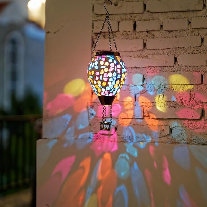 DREAMSOUL Butterfly Mosaic Hot Air Balloon Solar Lantern Hanging Glass Decorative LED Light Solar Lanterns Outdoor Waterproof