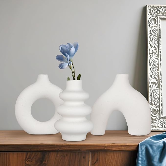 Ceramic Vase Set of 3, Small Flower Vase for Home Decor, Decorative Vases for Pampas Grass & Dried Flowers, Living Room, Bedroom, Bathroom, Shelf Centerpiece Table Decorations