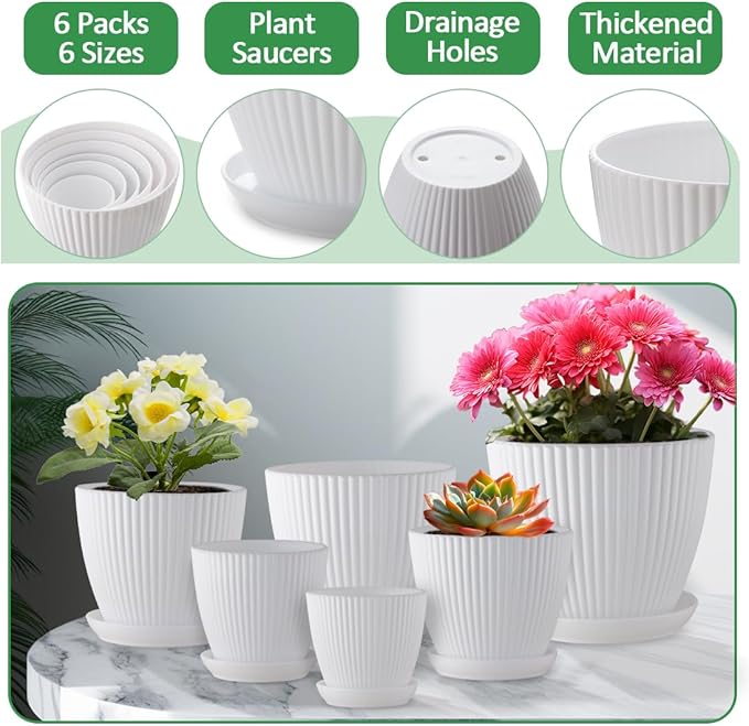 7.5/6.5/5.5/4.9/4.2/3.5 Inch Plant Pots, Plastic Flower Pots with Drainage Holes and Plate, Indoor/Outdoor Plant Planters with Different Size, 6 Pack Durable Pots for Plants, White