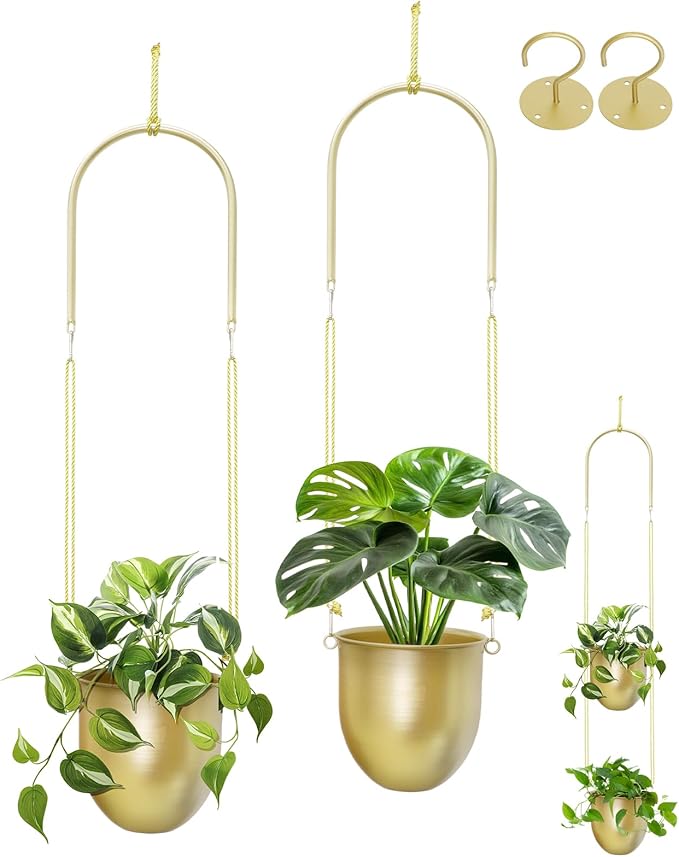 AceList Gold Hanging Planter Set of 2-5.51 Inch Hanging Planters for Indoor Plants, Home, Balcony, Garden, and Patio - Window Hanging Planters with Hemp Rope