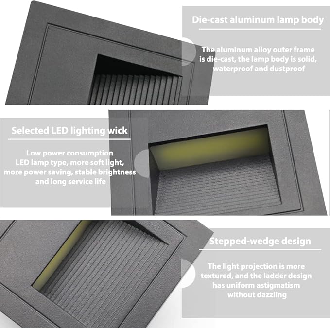 4Pack 3W LED Recessed Light 85-230V Step Lights Cool White 6000K IP65 Waterproof Wall Light Staircase Light lamp, Inside Outside Garden Balcony Corridor, Aluminum, 120V,Black