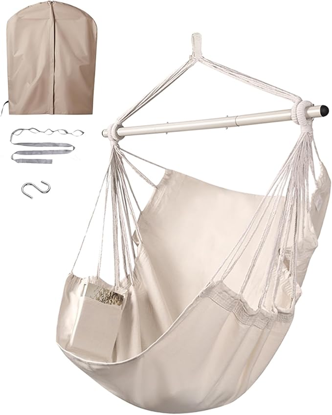 ADVOKAIR Hammock Chair Swing & Cover Set (500 lbs Max) – Hanging Rope Swing for Bedroom, Outdoor, Patio, Porch with Sturdy Steel Bar & Anti-Slip Rings + All-Weather Rain Cover for Storage Protection