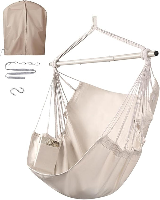 ADVOKAIR Hammock Chair Swing & Cover Set (500 lbs Max) – Hanging Rope Swing for Bedroom, Outdoor, Patio, Porch with Sturdy Steel Bar & Anti-Slip Rings + All-Weather Rain Cover for Storage Protection