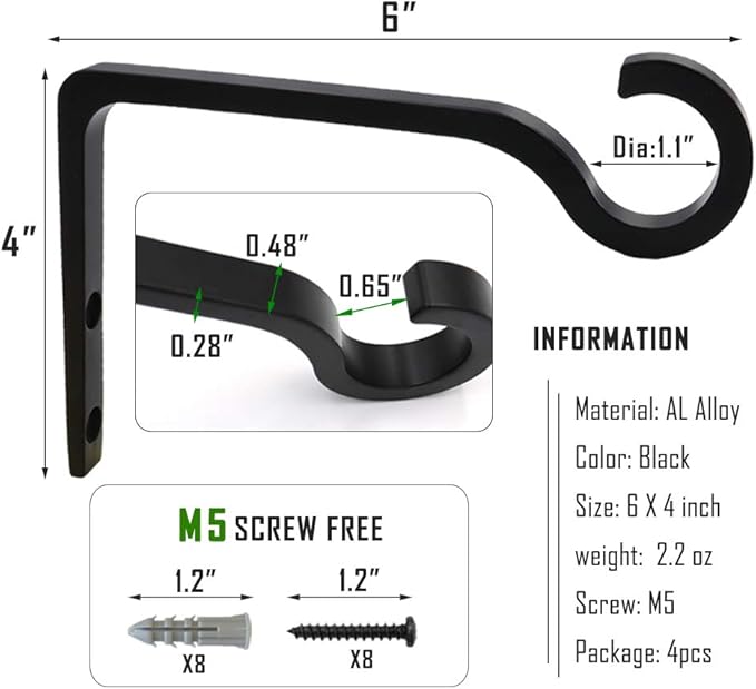 4Pack Hanging Plant Bracket 6inch Metal Plant Hook Shepherds Hook Decorative Wall Plant Hanger for Hanging Lanterns, Bird Feeder, Flower Basket, Home Decor Indoor & Outdoor (Black)