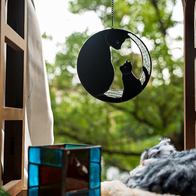 Black Cat Decor Stained Glass Window Hanging,Funny Cat Gifts for Cat Lovers Stained Glass Suncatcher for Window,Two Black Cat Decor Cat Themed Gifts for Women Mom Grandma