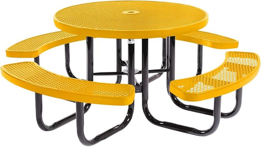 Coated Outdoor Furniture Heavy-Duty Portable Outdoor Picnic Table with Umbrella Hole, Expanded Metal Commercial-Grade Patio Dining Furniture Made in America (46" Round Top, Yellow)