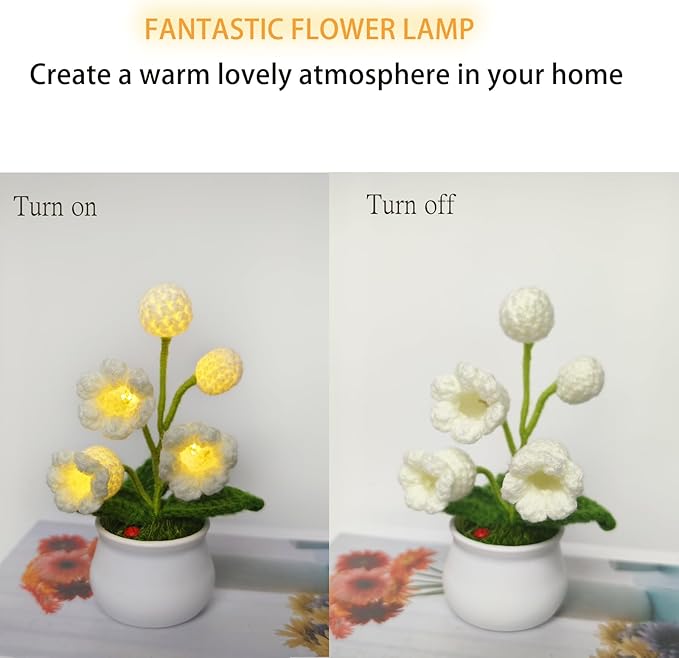 Lily of The Valley Lamp, Crochet Artificial Flower with 5 Little Night Lights, Cute Gifts for Women Wife Girlfriend Birthday Christmas Valentine Mother's Day -Small
