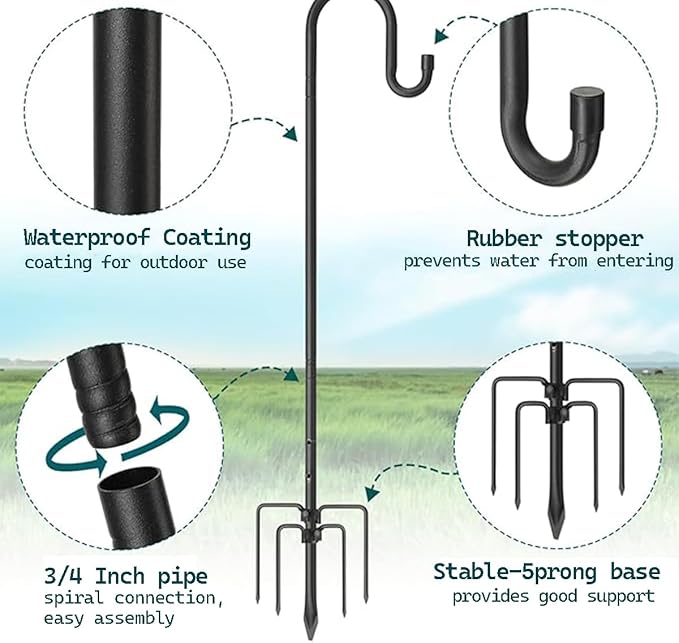 CMASTER Shepherd Hook for Outdoor, 1 Pack 76 Inch Bird Feeder Pole with 5 Prong Base Heavy Duty Adjustable Garden Hook for Hanging Plant, Hummingbird Feeder, Lantern(76 Inch)