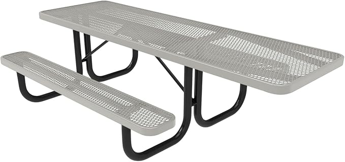Coated Outdoor Furniture Heavy-Duty Portable ADA-Compliant Outdoor Picnic Table, Expanded Metal Patio Dining Furniture Made in America (8ft Rectangular, One-Side Handicap, Grey)