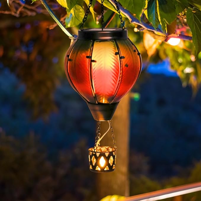 Colorful Solar Hot Air Balloon Lantern with Flame Flickering LED Glass Hanging Solar Lanterns Outdoor Waterproof Hot Air Balloon Lights for Patio Yard Garden Decor,Mother Day Gifts for Women