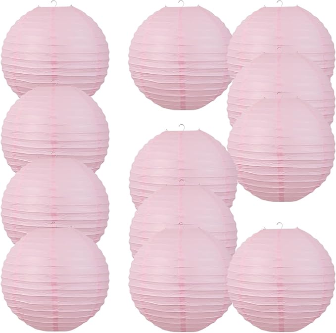 Chinese Style Paper Lanterns, Set of 12, Suitable for Party Decoration (Pink, 12in)