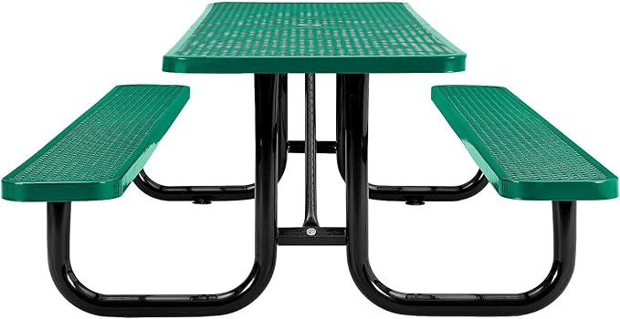 Global Industrial 8’L Rectangular Picnic Table, Expanded Metal, Green Thermoplastic Coating, Attached Benches, 1-1/2” Umbrella Pole Hole, Outdoor-Rated, 1000 lb Capacity, 96” x 30” Tabletop