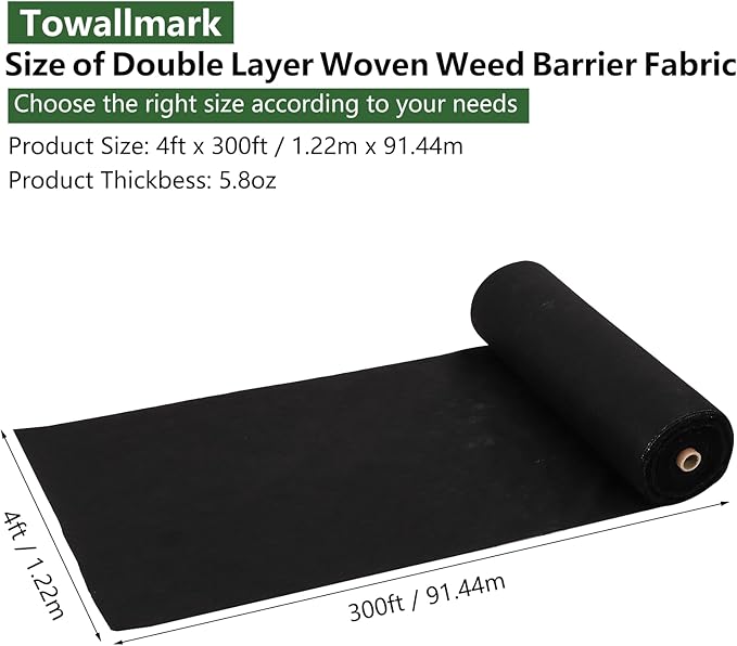 Broadfashion Woven Landscape Fabric 5.8oz, 4 x 300FT Weed Fabric Barrier, Double Layer, Garden Fabric Weed Barrier, Weed Control Fabric Ground Cover, Gardening Mat for Garden Beds, Landscaping