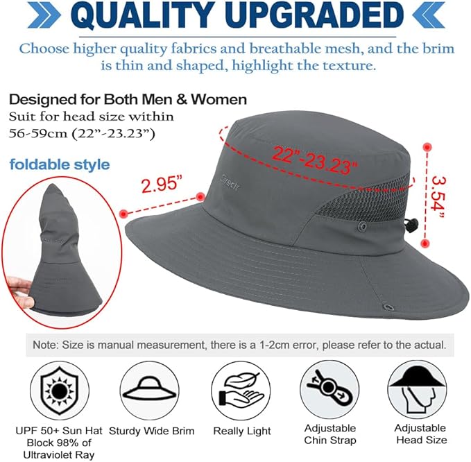 Fishing Hat, UPF50+ Wide Brim Sun Hat for Men Women, UV Protection Hiking Beach Bucket Hats Summer Safari Hat