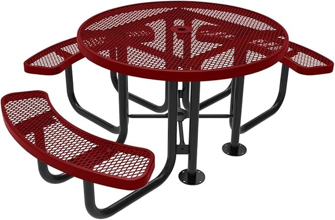 Coated Outdoor Furniture Heavy-Duty Portable ADA-Compliant Outdoor Picnic Table with Umbrella Hole, Expanded Metal Patio Dining Furniture Made in America (46" Round Top, Textured Burgundy)