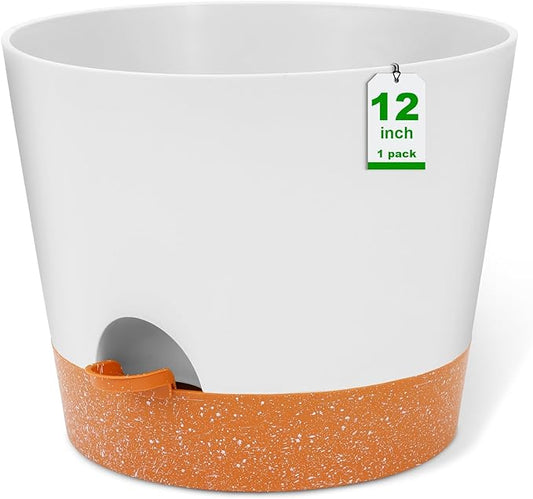 GARDIFE 12 inch Plant Pots, planters, Self Watering Pots, Large Plastic Flower pots with Deep Reservior and High Drainage Holes for Indoor Outdoor Plants and Flowers, White