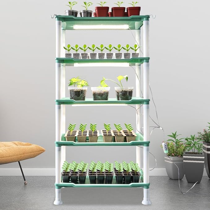 5-Tier Seed Stand with 5 Trays, Seed Starting Rack Propagation Rack Kit for Stackable Seedling Tray Seedling Staging Table for Indoor Outdoor Growing (H:37.6", W: 11.6”, L: 18.1") (Green)