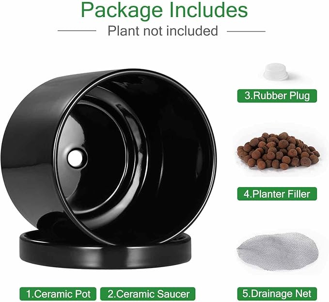 Aveyas 8 inch Ceramic Plant Pot with Drainage Hole and Saucer - Suitable for Indoor and Outdoor Use, Modern Planters for House Garden Flower Tree Snake Monstera Plants (8", Glossy Black)