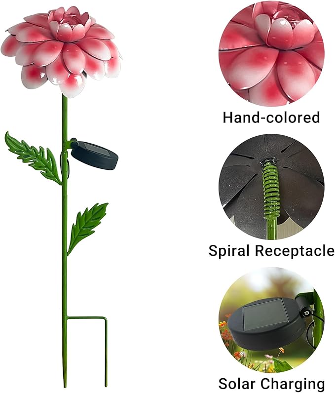 4Pcs 25" Solar Garden Decor for Outside, 3D Metal Flowers for Outside, Valentines Day Garden Stakes Decoration, Solar Lights Garden Decor, Yard Art for Lawn Patio Porch Gifts for Her