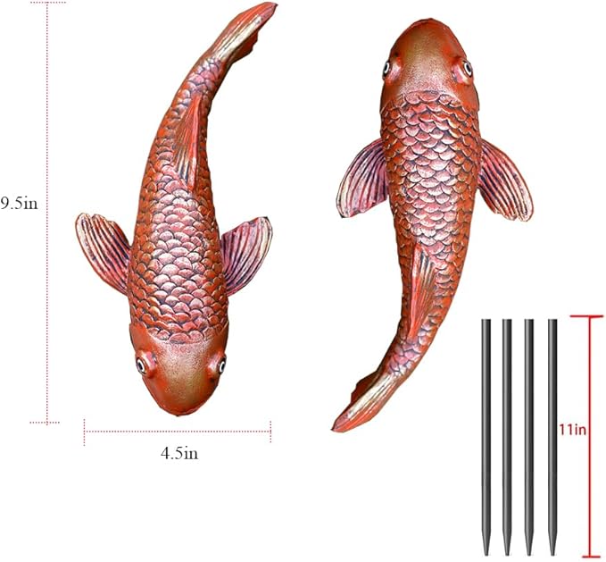 Antique Ceramic Koi Fish Garden Statues - Set of 2 | Exquisite Fish Sculptures for Outdoor, Patio, Pond, and Garden Decorations (Brassy)