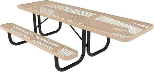 Coated Outdoor Furniture Heavy-Duty Portable ADA-Compliant Outdoor Picnic Table, Expanded Metal Patio Dining Furniture Made in America (8ft Rectangular, One-Side Handicap, Tan)