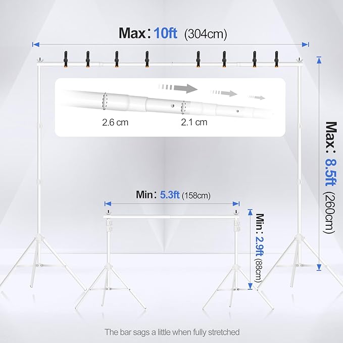 EMART Backdrop Stand 10x8.5ft(WxH) Photo Studio Adjustable Background Stand Support kit with 2 Crossbars, 8 Clamps, 2 Sandbags and Carry Bag for Parties, Events Decoration, Wedding, Photography -White