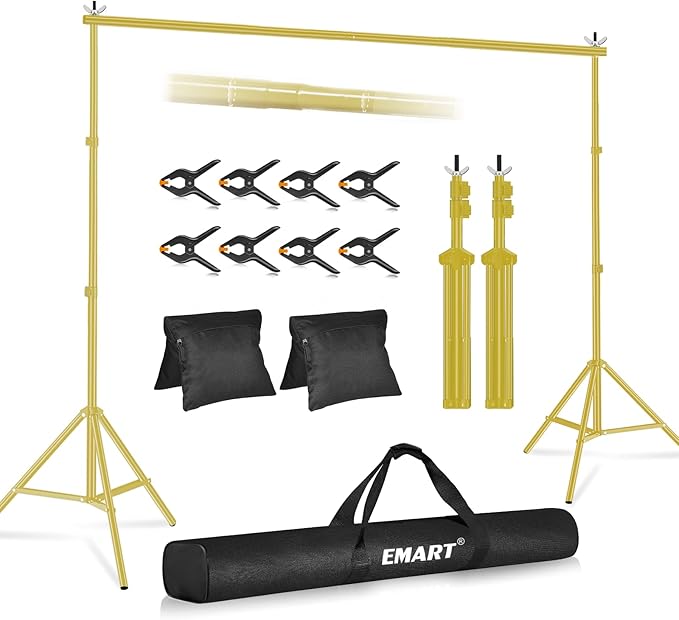 EMART Backdrop Stand 10x8.5ft(WxH) Photo Studio Adjustable Background Stand Support kit with 2 Crossbars, 8 Clamps, 2 Sandbags and Carry Bag for Parties, Events Decoration, Wedding -Titanium Gold