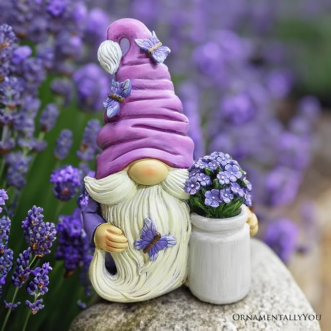Garden Grace Lavender Gnome Figurine, 10" Purple Home Decor Statue with Butterflies and Flowers
