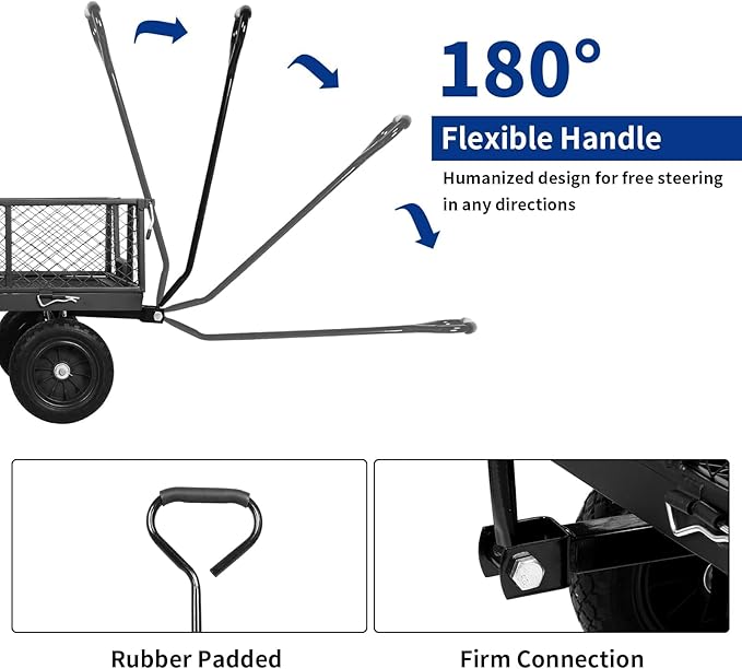 BILT HARD 10" Flat Free Tires Heavy Duty Garden Cart with 180° Rotating Handle and Removable Sides, 4 Cu.Ft 880 lbs Capacity Utility Steel Wagons for Outdoor, Yard