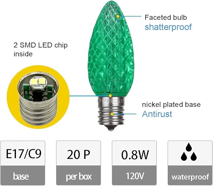 C9 Christmas Pathway Lights with Stakes,Red Green,30 Ft 20 Strawberry LED Bulbs and Stakes,Connectable Shatterproof Outdoor Lights Marker for Xmas Yard Garden Path Lawn Walkway Sidewalk