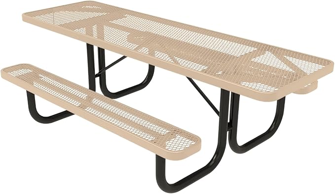 Coated Outdoor Furniture Heavy-Duty Portable ADA-Compliant Outdoor Picnic Table, Expanded Metal Patio Dining Furniture Made in America (8ft Rectangular, Both-Side Handicap, Tan)